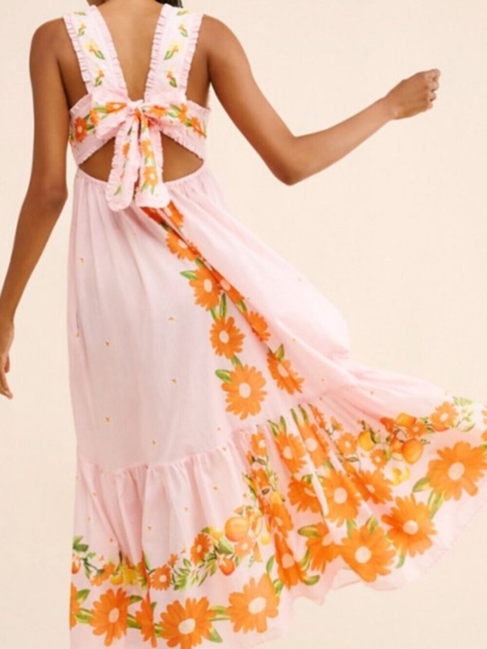 Farm Rio Papaya Salad Maxi Dress Pink Floral Button Front Back Bow M - Picture 3 of 12